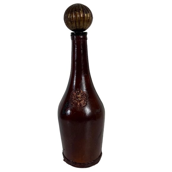 Decorative Leather Wrapped Bottle Decanter Brown Ornate Crest Vintage Home Decor - Picture 16 of 16